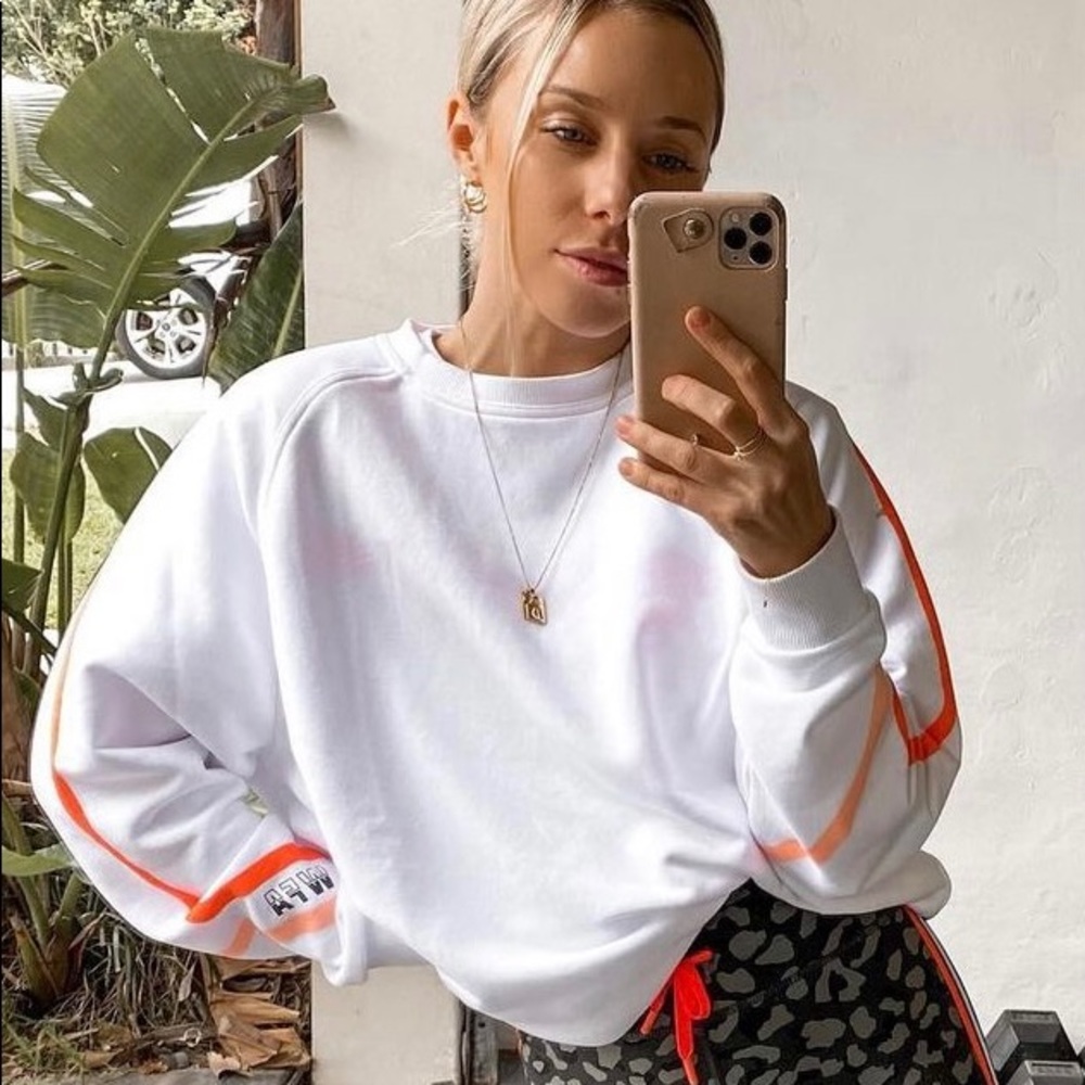 White Fox Boutique White Crewneck Sweatshirt with Orange Stripe